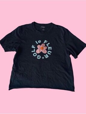Golf Le Fleur Black Tee with Pink Flower and Light Blue Logo